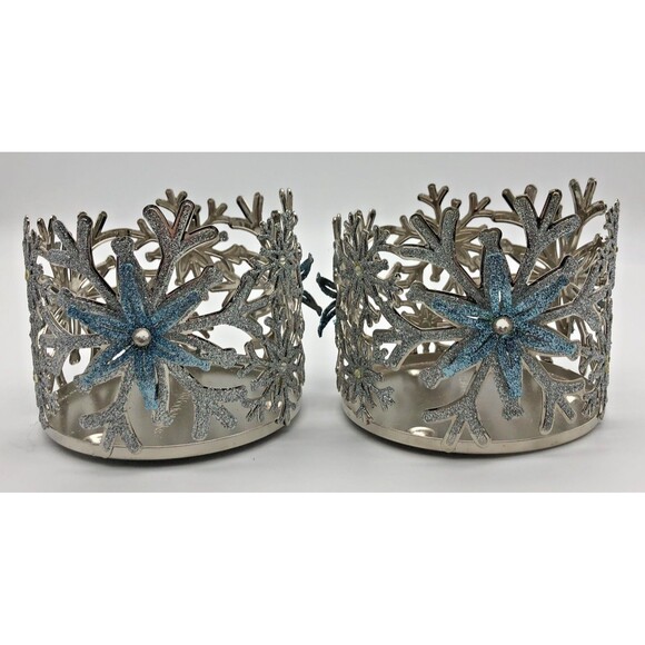 Bath & Body Works 3-Wick Candle Holder Set of 2 Glitter Snowflakes Holiday - Picture 1 of 5